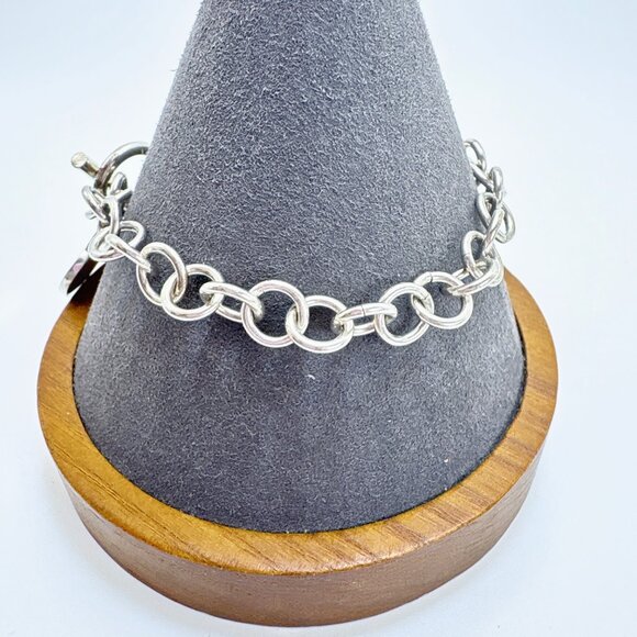 Sterling SIlver 925 Round Link Chain Bracelet Heart Tag Toggle Clasp 7.5" Length - Picture 4 of 10